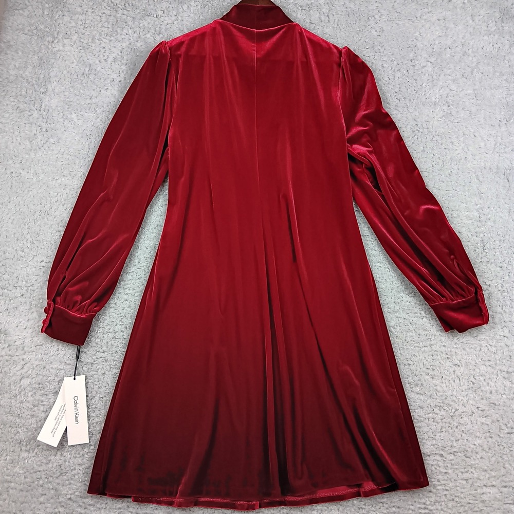 Calvin Klein Dress A-Line Woman 10 Red Velvet Tie Neck Puff Sleeve CD2V1B1E - Picture 2 of 11